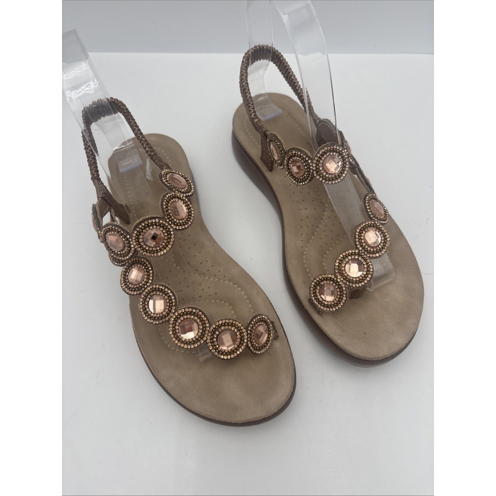 Annie Comfort Sandals Faux Suede Taupe Rhinestones Embellished Shoes‎ Size 6.5